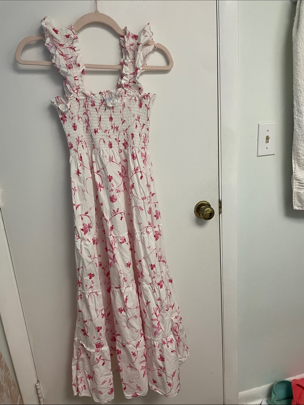 Smocked White Maxi Dress with Pink Floral Print